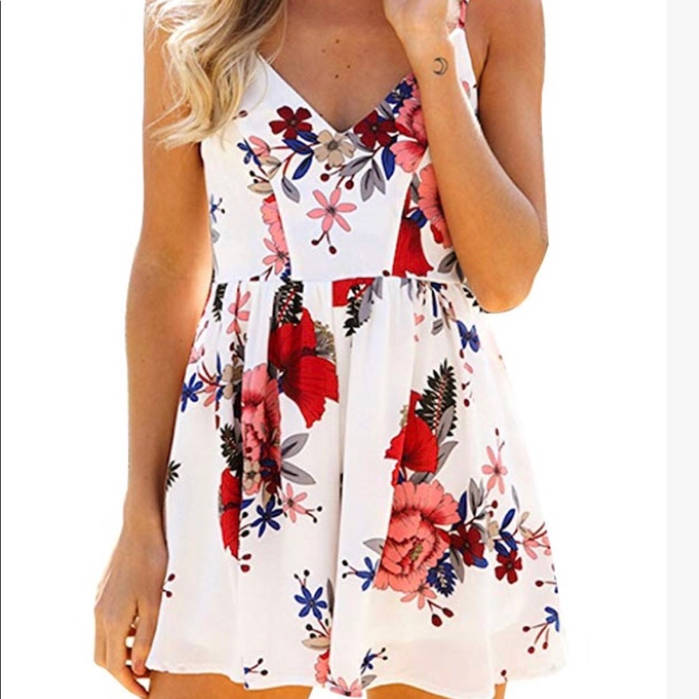 Women’s Boho V Neck Floral Print Romper White